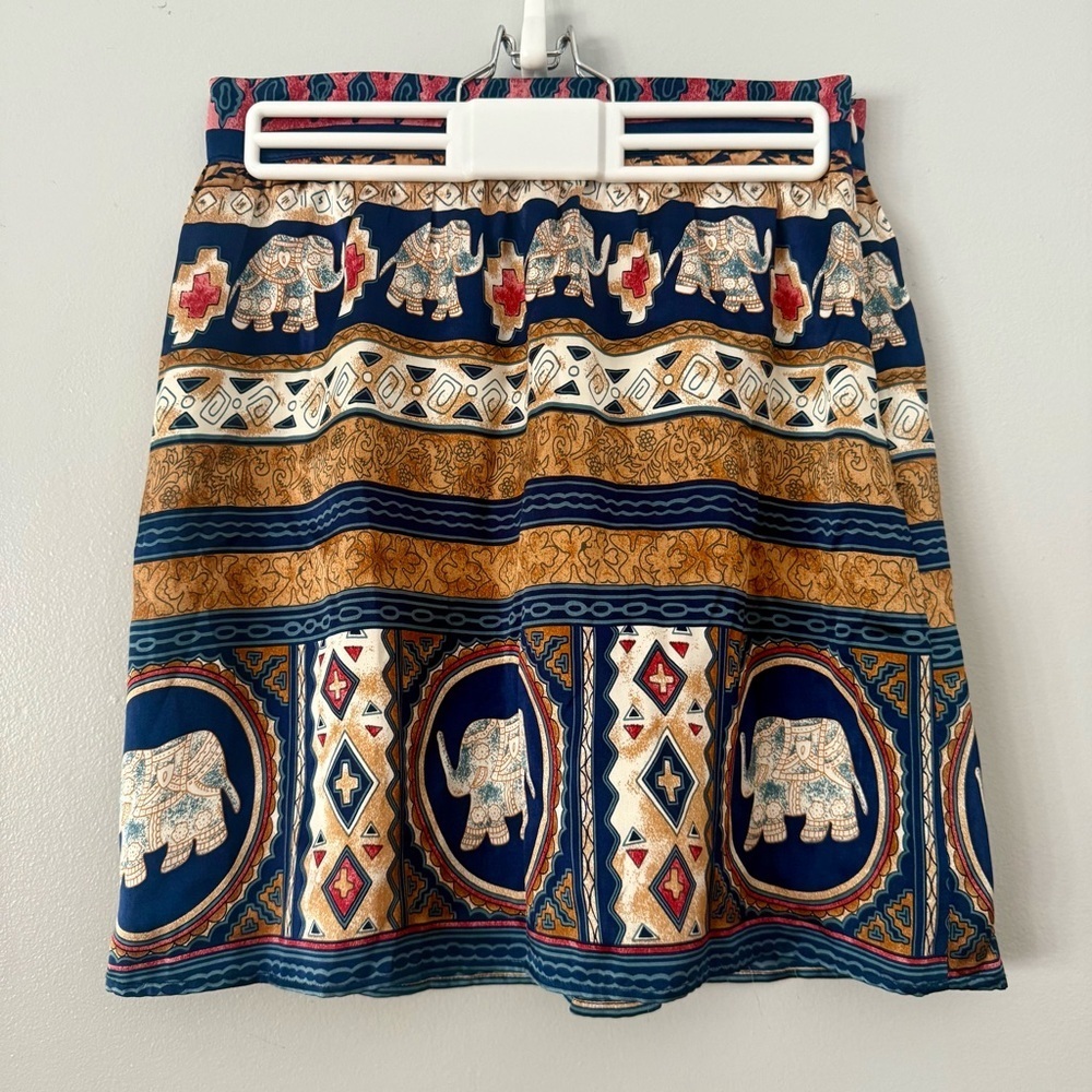 EUC Voom by Joy Han Elephant Print Boho Mini Skirt 100% Silk